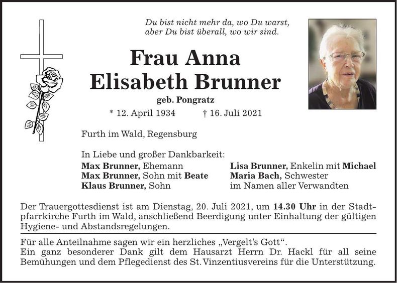 Traueranzeige Elisabeth Brunner