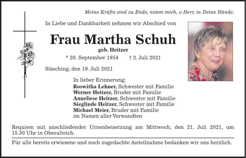 Traueranzeige Martha Schuh