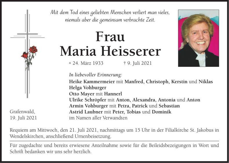 Traueranzeige Maria Heisserer