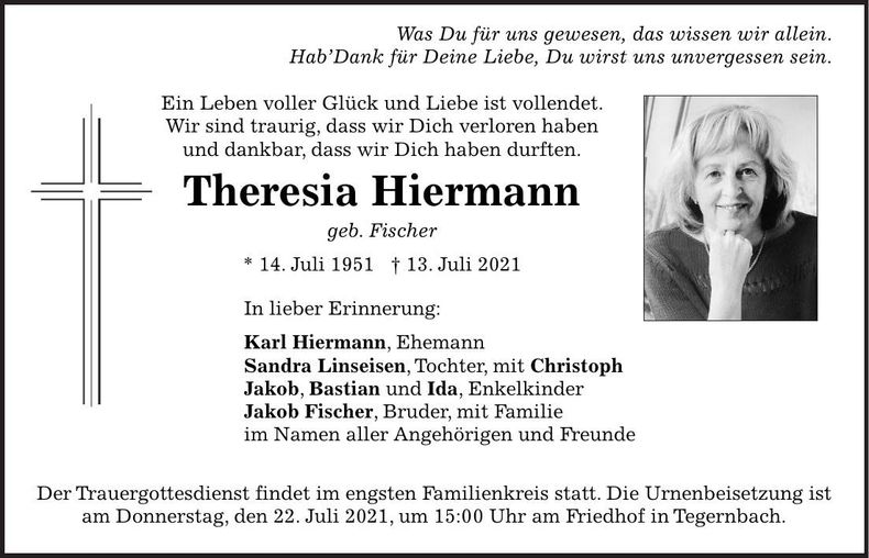 Traueranzeige Theresia Hiermann
