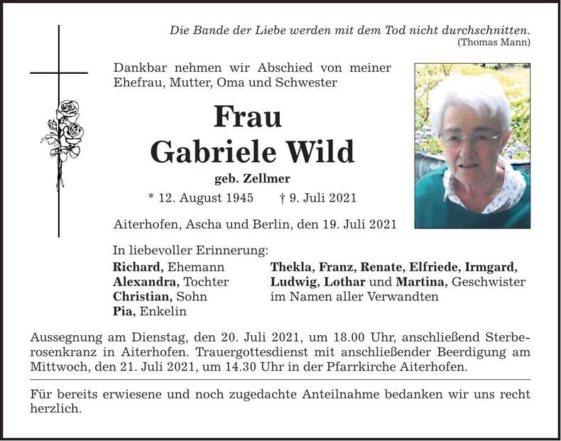 Traueranzeige Gabriele Wild