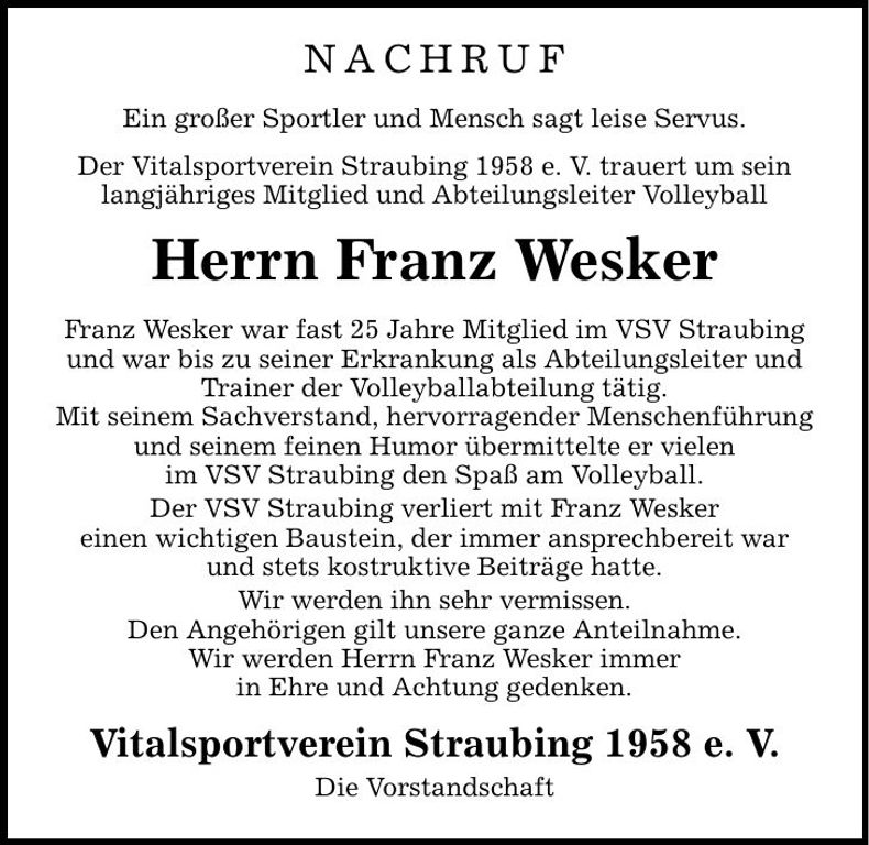 Traueranzeige Franz Wesker
