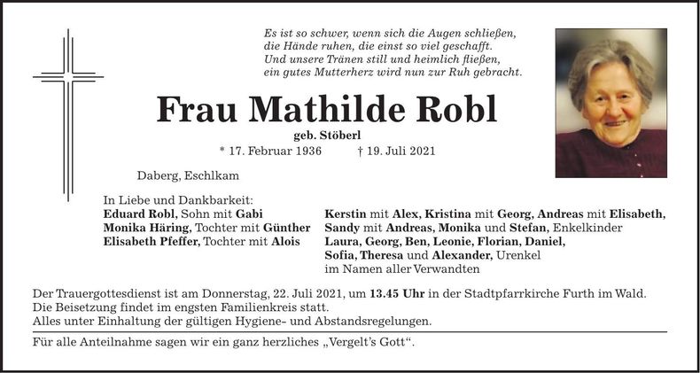 Traueranzeige Mathilde Robl