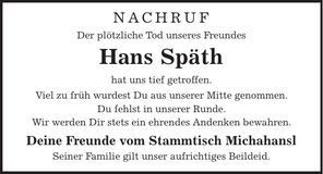 Traueranzeige Hans Späth