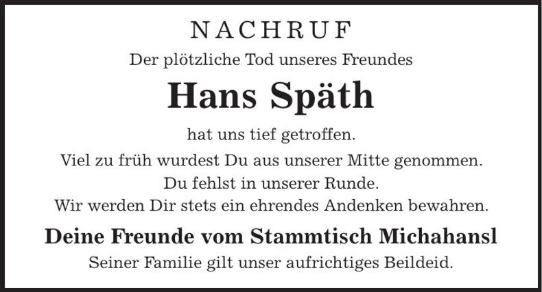 Traueranzeige Hans Späth