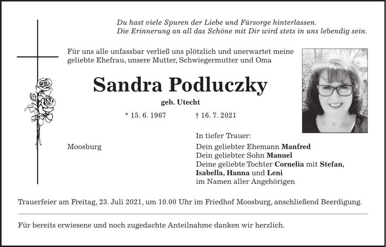 Traueranzeige Sandra Podluczky