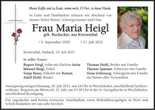 Traueranzeige Maria Heigl