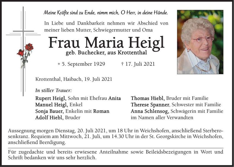 Traueranzeige Maria Heigl