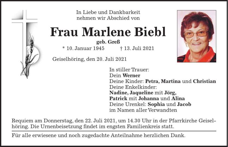 Traueranzeige Marlene Biebl