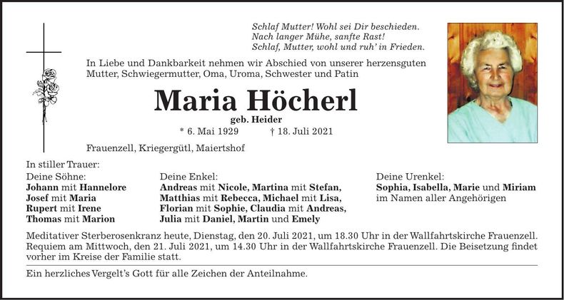 Traueranzeige Maria Höcherl