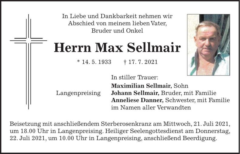 Traueranzeige Max Sellmair
