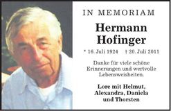 Traueranzeige Hermann Hofinger