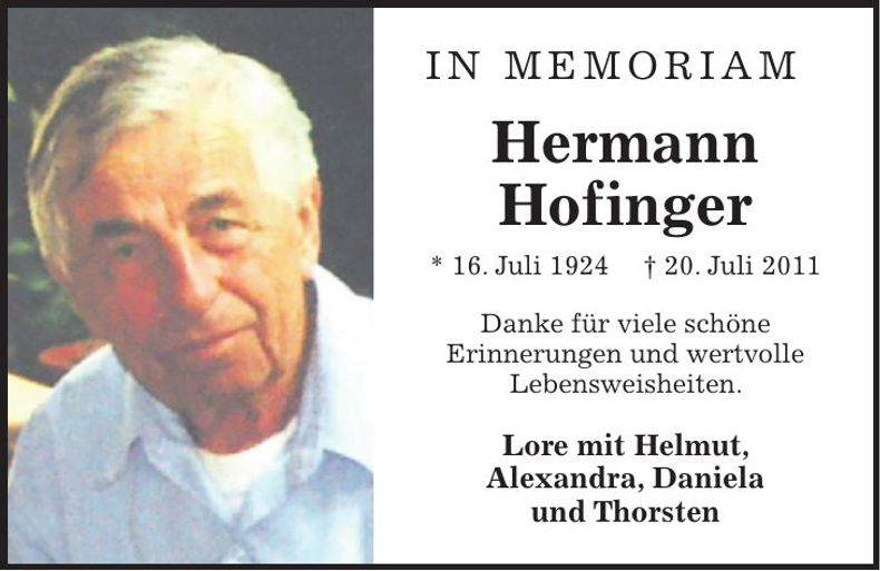Traueranzeige Hermann Hofinger