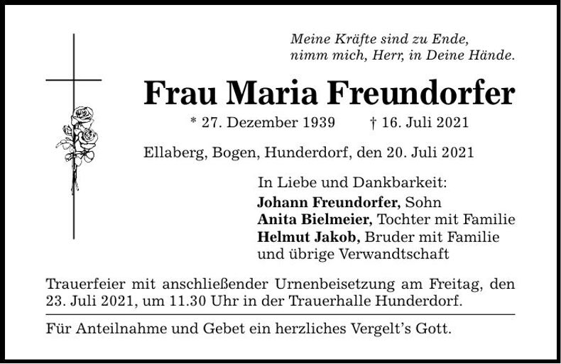 Traueranzeige Maria Freundorfer