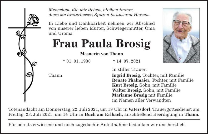 Traueranzeige Paula Brosig