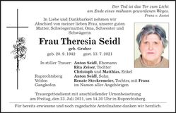 Traueranzeige Theresia Seidl