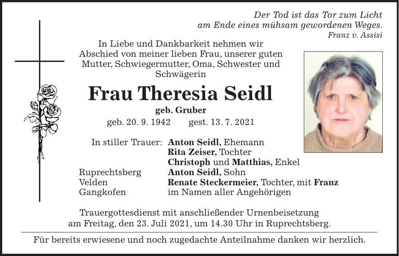 Traueranzeige Theresia Seidl
