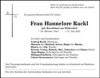 Traueranzeige Hannelore Rackl