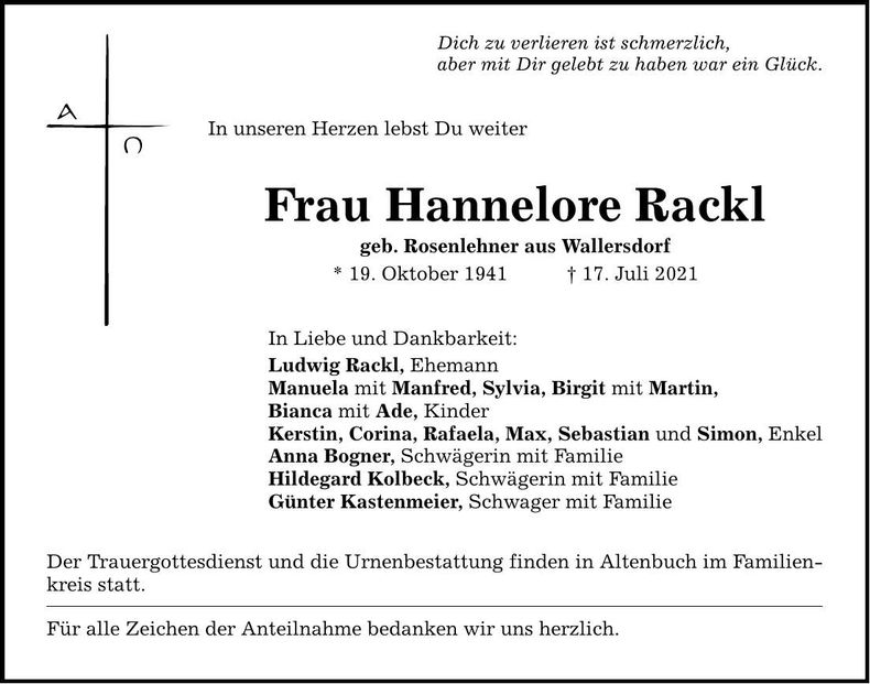 Traueranzeige Hannelore Rackl