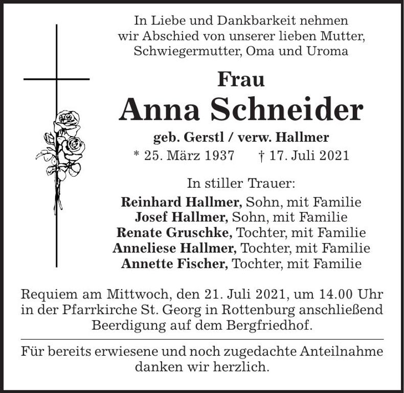 Traueranzeige Anna Schneider
