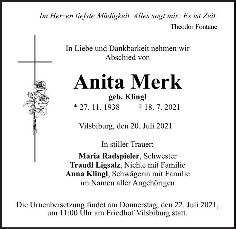 Traueranzeige Anita Merk
