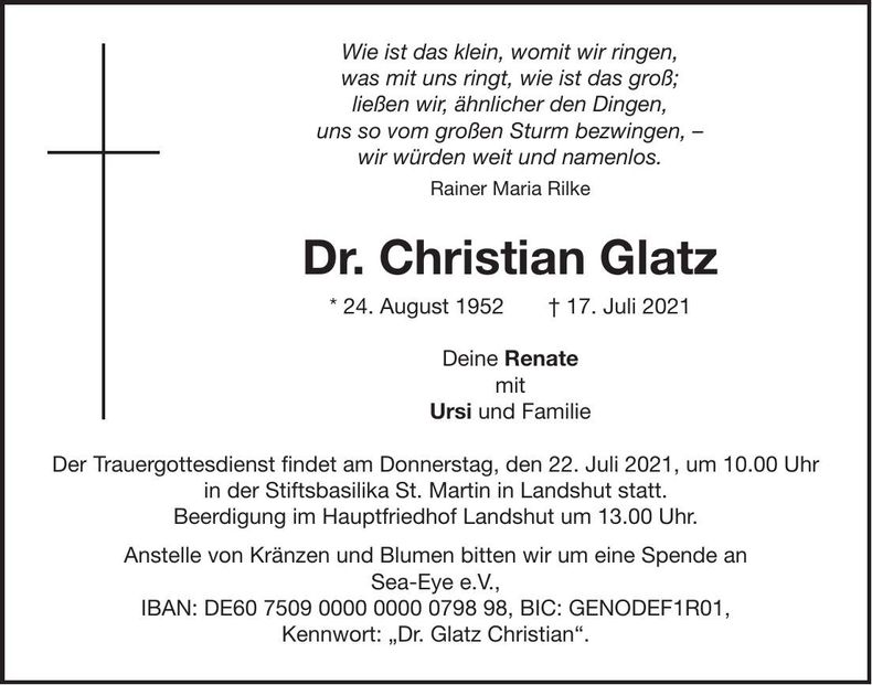 Traueranzeige Christian Dr. Glatz