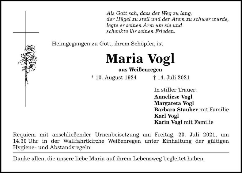 Traueranzeige Maria Vogl