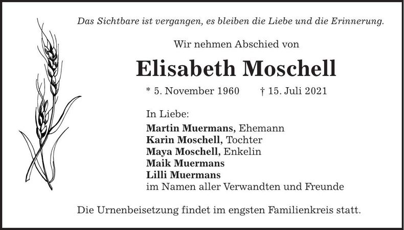 Traueranzeige Elisabeth Moschell