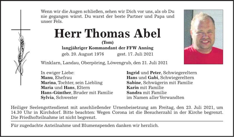 Traueranzeige Thomas Abel
