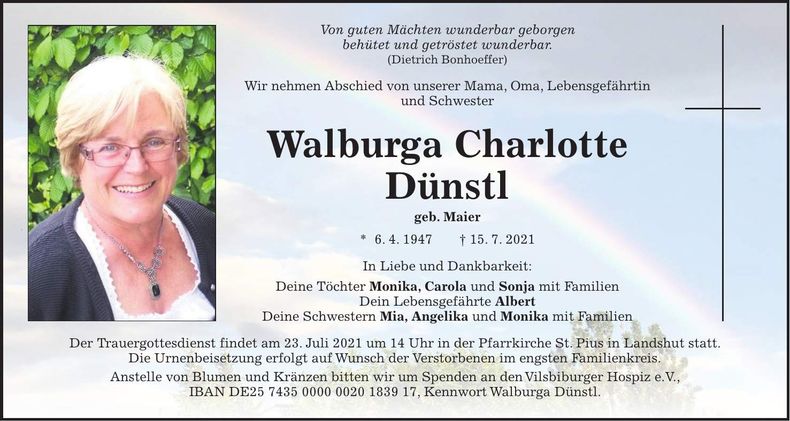 Traueranzeige Walburga Charlotte Dünstl