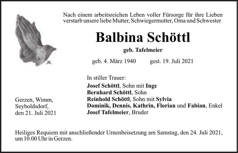 Traueranzeige Balbina Schöttl