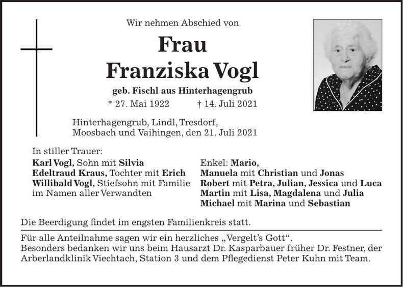 Traueranzeige Vogl Franziska