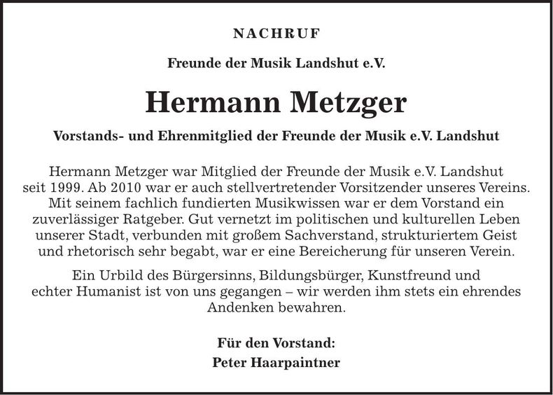 Traueranzeige Hermann Metzger