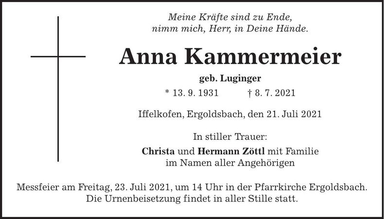 Traueranzeige Anna Kammermeier