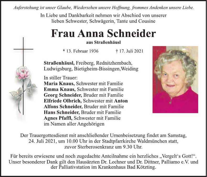 Traueranzeige Anna Schneider