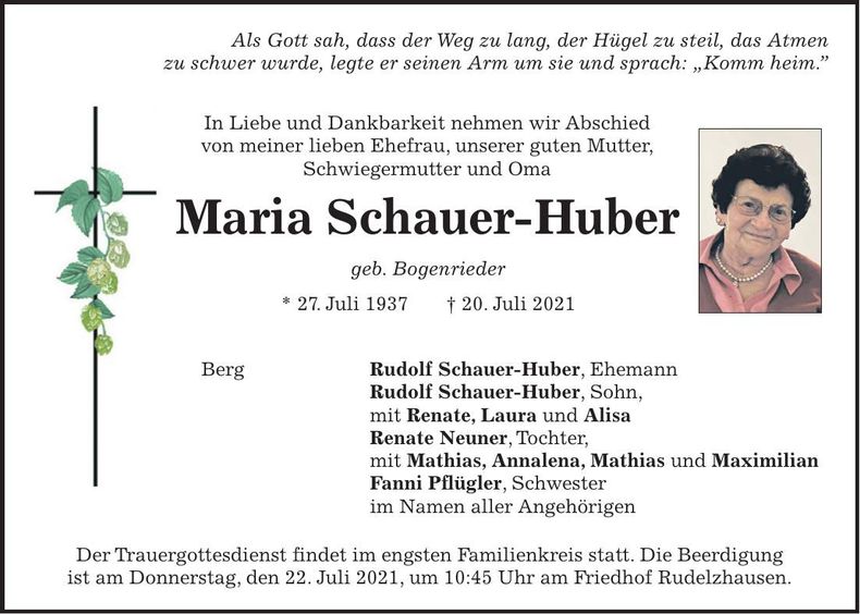 Traueranzeige Maria Schauer- Huber
