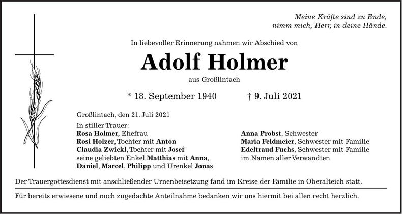 Traueranzeige Adolf Holmer