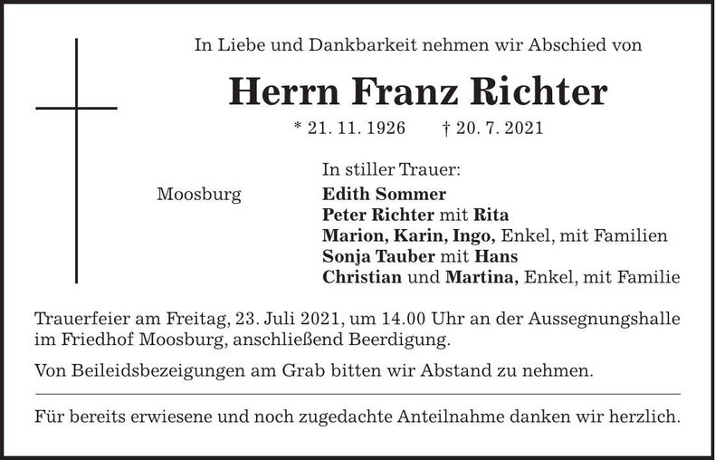 Traueranzeige Franz Richter