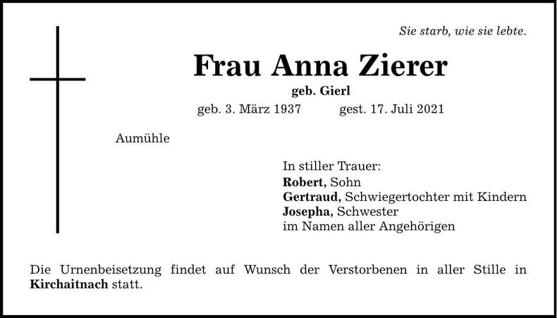 Traueranzeige Anna Zierer