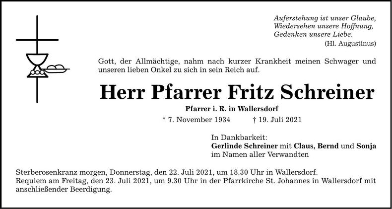 Traueranzeige Fritz Pfarrer Schreiner