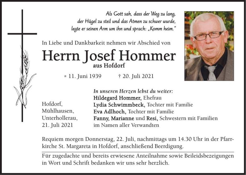 Traueranzeige Josef Hommer