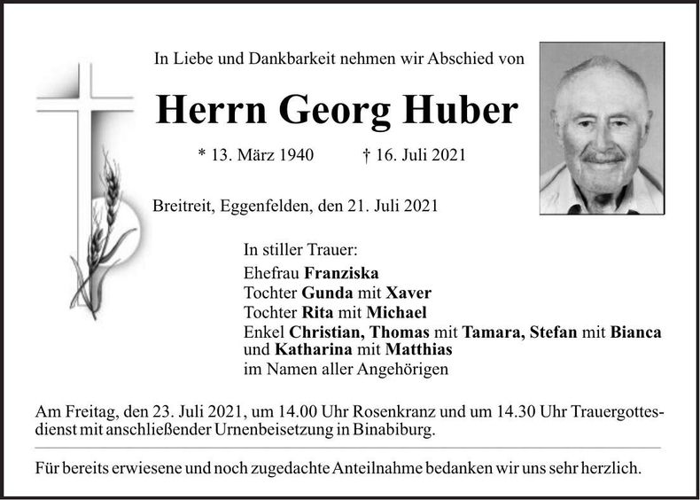 Traueranzeige Georg Huber