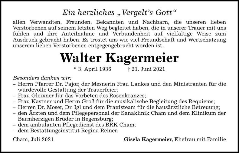 Traueranzeige Walter Kagermeier