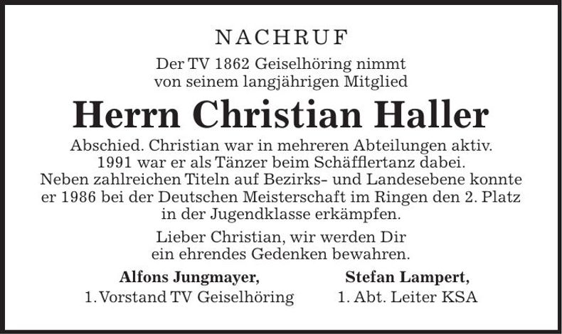 Traueranzeige Christian Haller