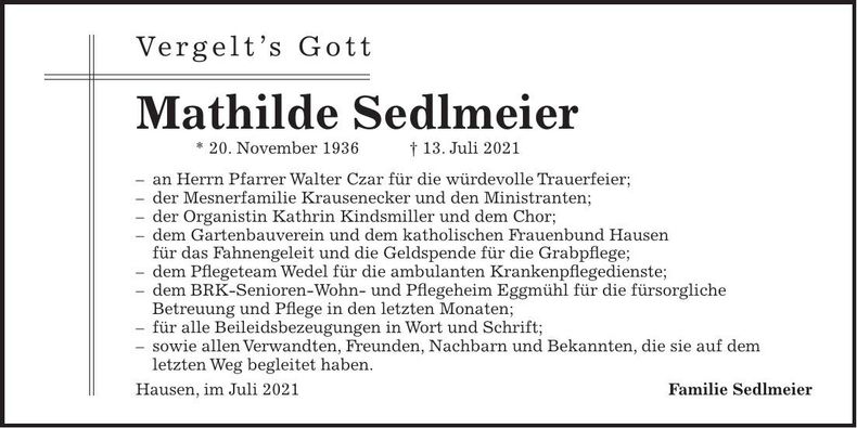 Traueranzeige Mathilde Sedlmeier