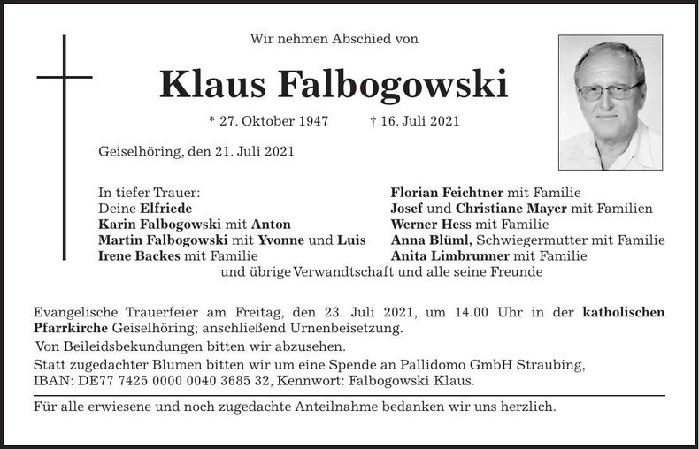 Traueranzeige Klaus Falbogowski