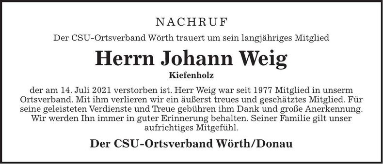 Traueranzeige Johann Weig