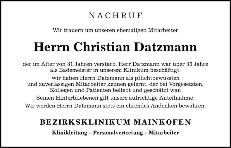 Traueranzeige Christian Datzmann