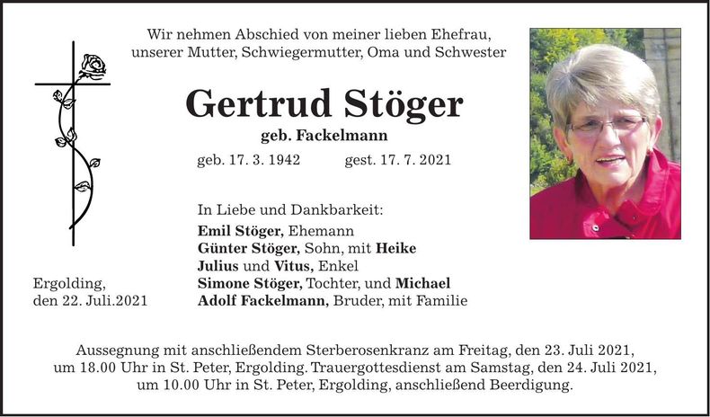 Traueranzeige Gertrud Stöger
