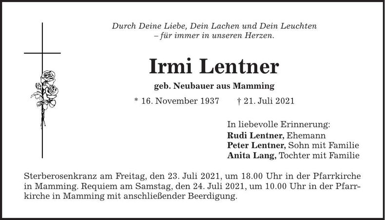 Traueranzeige Irmi Lentner